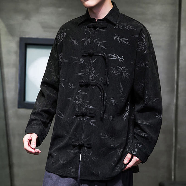 Buddha Stones Chemises à manches longues pour hommes, style Tang, bouton grenouille, en velours côtelé imprimé bambou, automne-hiver - image 19