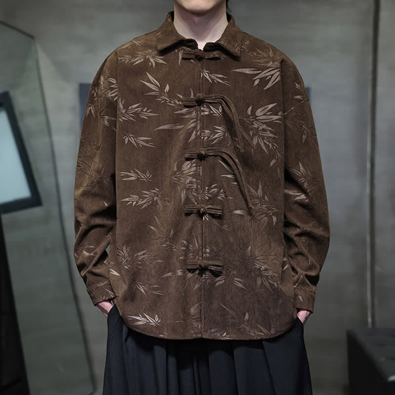 Buddha Stones Chemises à manches longues pour hommes, style Tang, bouton grenouille, en velours côtelé imprimé bambou, automne-hiver - SaddleBrown - US/UK/AU46，EU56 (5XL) - image 25