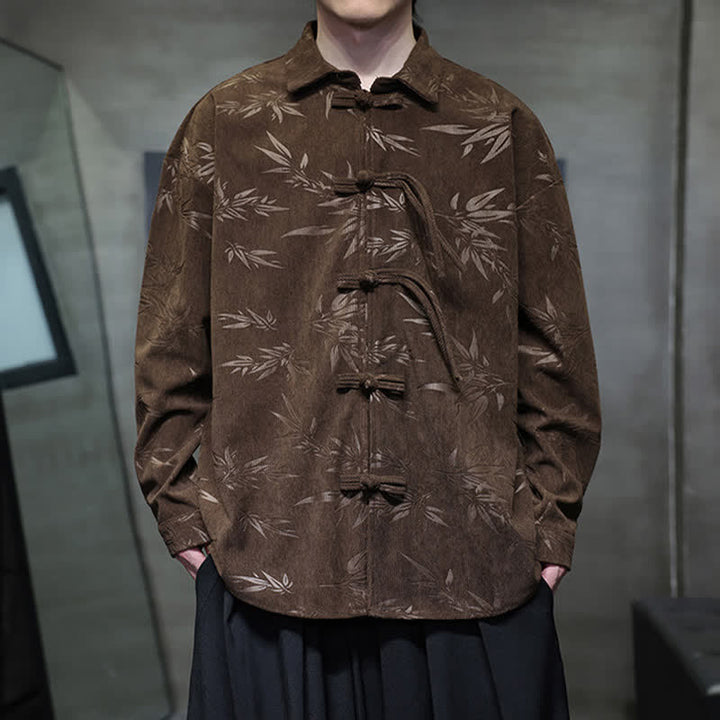 Buddha Stones Chemises à manches longues pour hommes, style Tang, bouton grenouille, en velours côtelé imprimé bambou, automne-hiver - SaddleBrown - US/UK/AU46，EU56 (5XL) - image 25