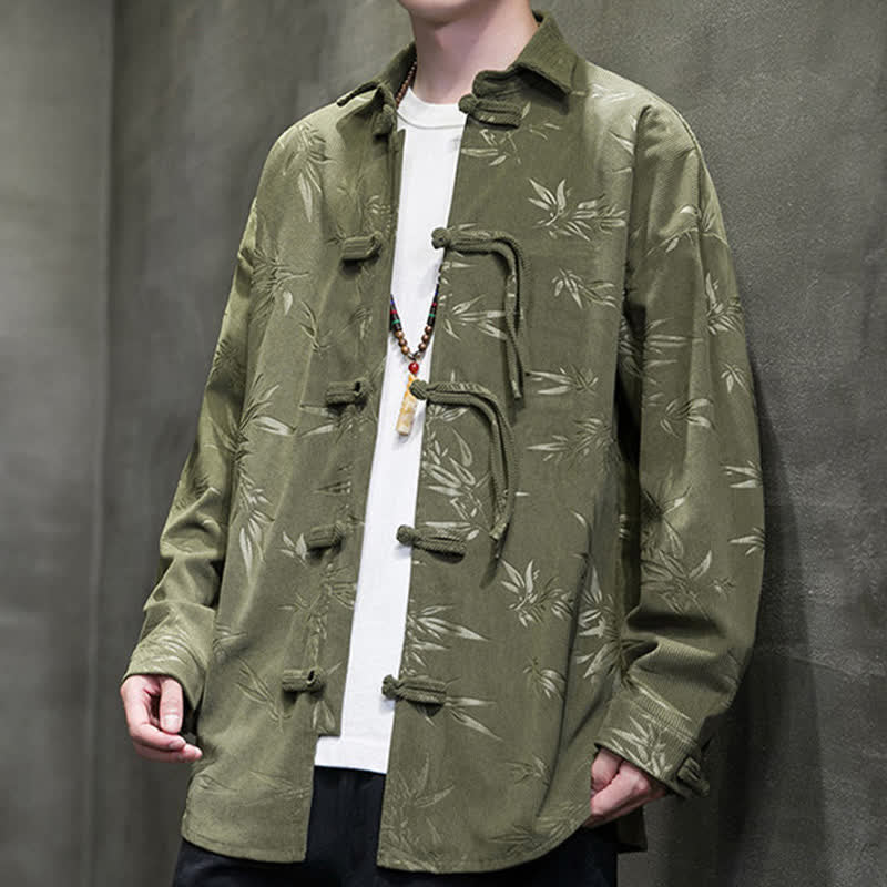 Buddha Stones Chemises à manches longues pour hommes, style Tang, bouton grenouille, en velours côtelé imprimé bambou, automne-hiver - Vert olive - US/UK/AU46，EU56 (5XL) - image 0