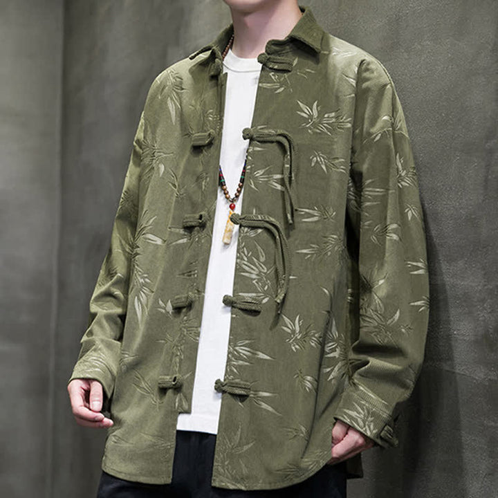 Buddha Stones Chemises à manches longues pour hommes, style Tang, bouton grenouille, en velours côtelé imprimé bambou, automne-hiver - Vert olive - US/UK/AU46，EU56 (5XL) - image 0