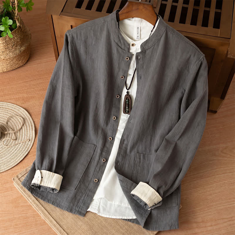 Buddha Stones Chemises à manches longues pour homme, style Tang, col mandarin, en lin uni, style décontracté automne, avec poches - Gris terne - US/UK/AU44，EU54 (4XL) - image 11