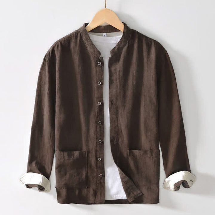 Buddha Stones Chemises à manches longues pour homme, style Tang, col mandarin, en lin uni, style décontracté automne, avec poches - image 1