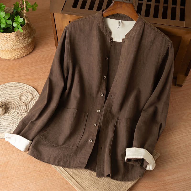 Buddha Stones Chemises à manches longues pour homme, style Tang, col mandarin, en lin uni, style décontracté automne, avec poches - SaddleBrown - US/UK/AU44，EU54 (4XL) - image 0