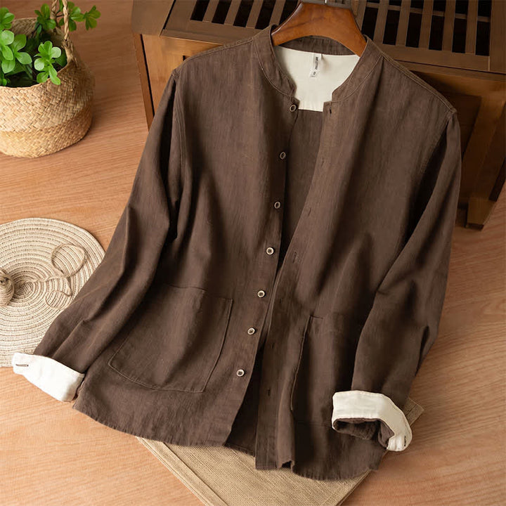 Buddha Stones Chemises à manches longues pour homme, style Tang, col mandarin, en lin uni, style décontracté automne, avec poches - SaddleBrown - US/UK/AU44，EU54 (4XL) - image 0
