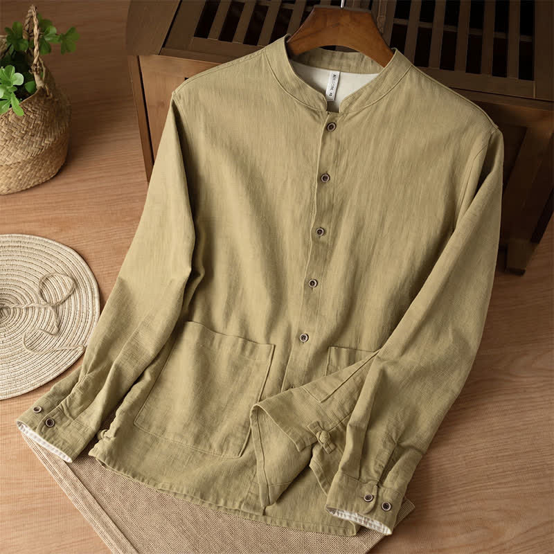 Buddha Stones Chemises à manches longues pour homme, style Tang, col mandarin, en lin uni, style décontracté automne, avec poches - Kaki foncé - US/UK/AU44，EU54 (4XL) - image 19