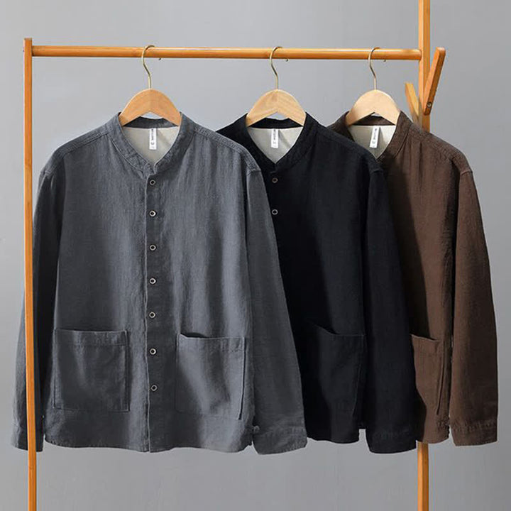 Buddha Stones Chemises à manches longues pour homme, style Tang, col mandarin, en lin uni, style décontracté automne, avec poches - image 20