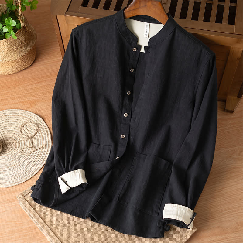 Buddha Stones Chemises à manches longues pour homme, style Tang, col mandarin, en lin uni, style décontracté automne, avec poches - Noir - US/UK/AU44，EU54 (4XL) - image 7