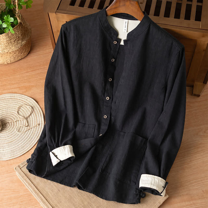 Buddha Stones Chemises à manches longues pour homme, style Tang, col mandarin, en lin uni, style décontracté automne, avec poches - Noir - US/UK/AU44，EU54 (4XL) - image 7