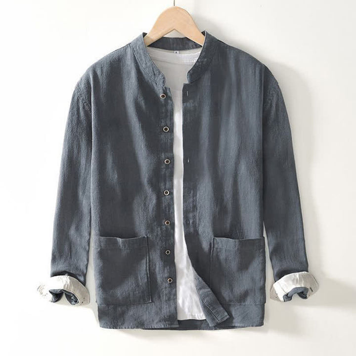 Buddha Stones Chemises à manches longues pour homme, style Tang, col mandarin, en lin uni, style décontracté automne, avec poches - image 12