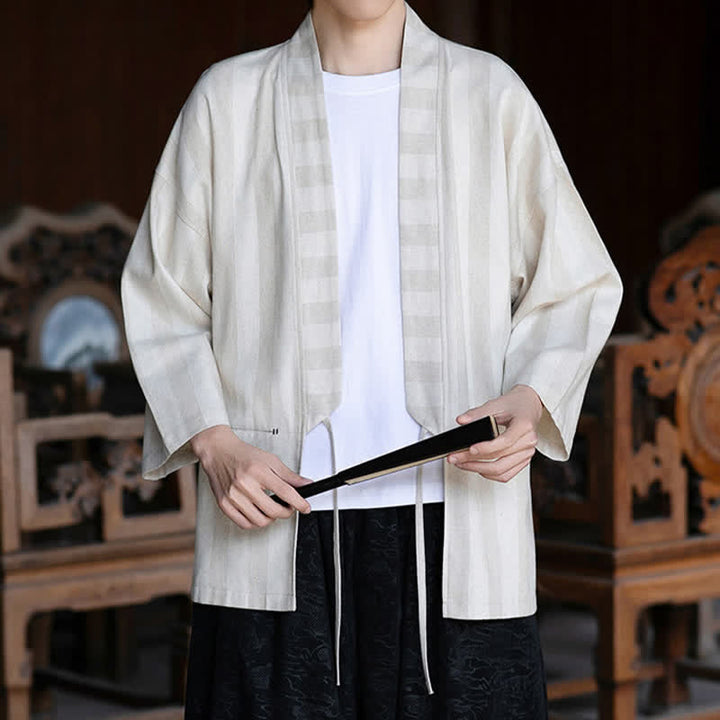 Buddha Stones Kimono homme style Tang décontracté printemps-été, cordon de serrage, manches trois-quarts, en coton et lin uni, avec poche - image 1