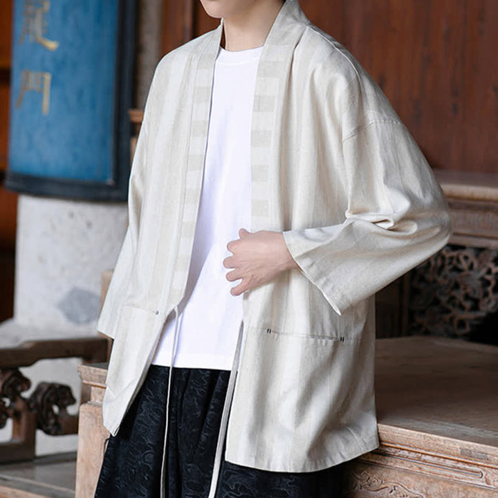 Buddha Stones Kimono homme style Tang décontracté printemps-été, cordon de serrage, manches trois-quarts, en coton et lin uni, avec poche - image 3