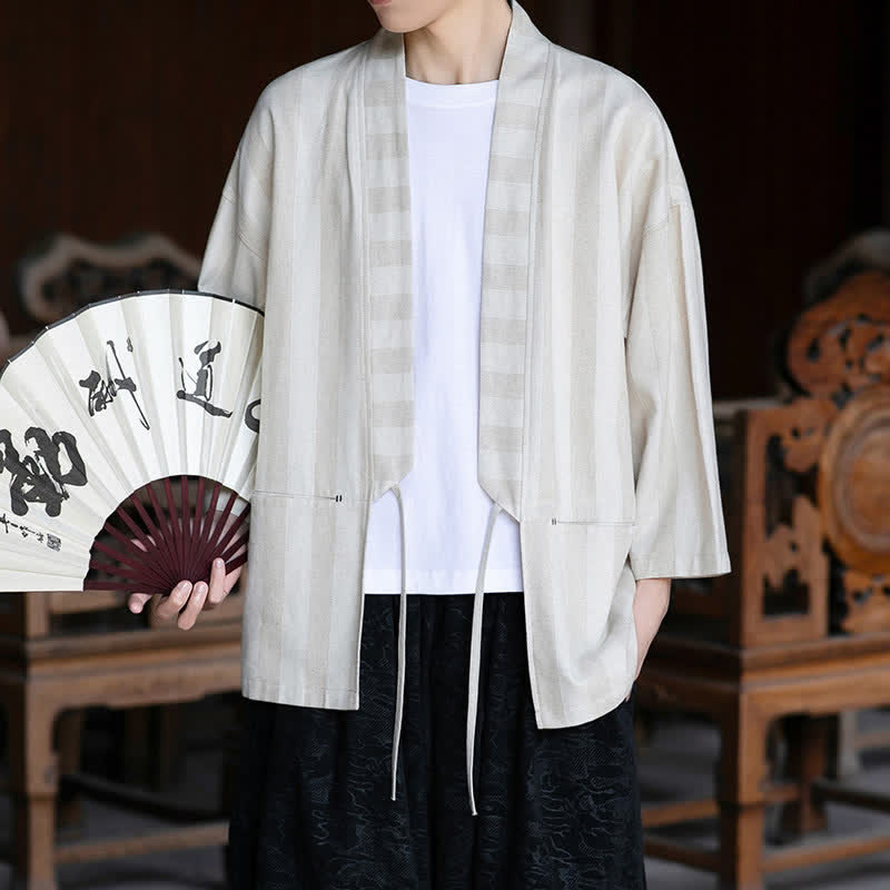 Buddha Stones Kimono homme style Tang décontracté printemps-été, cordon de serrage, manches trois-quarts, en coton et lin uni, avec poche - image 5