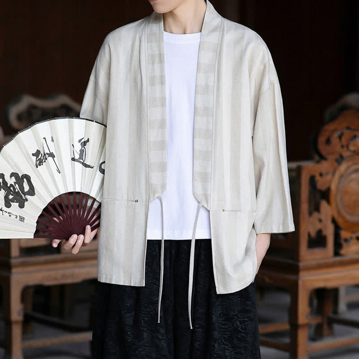 Buddha Stones Kimono homme style Tang décontracté printemps-été, cordon de serrage, manches trois-quarts, en coton et lin uni, avec poche - image 5