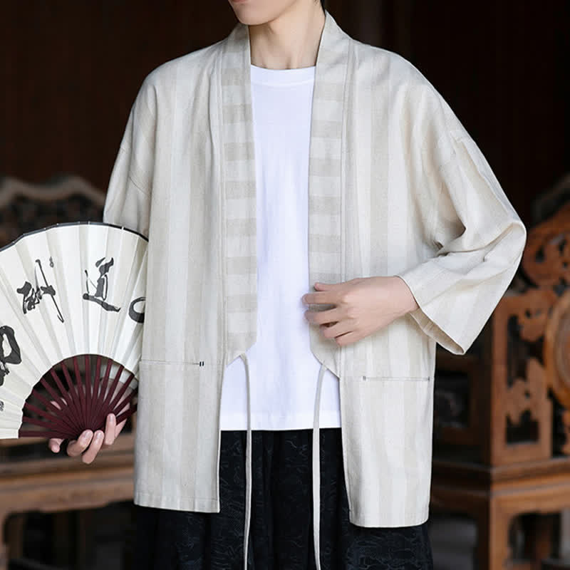 Buddha Stones Kimono homme style Tang décontracté printemps-été, cordon de serrage, manches trois-quarts, en coton et lin uni, avec poche - image 2