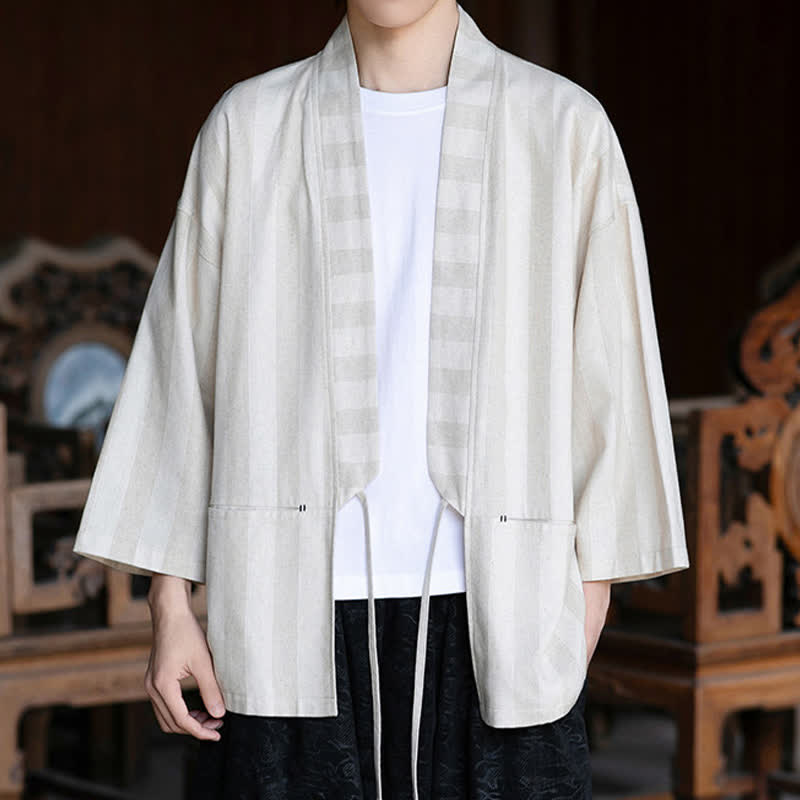 Buddha Stones Kimono homme style Tang décontracté printemps-été, cordon de serrage, manches trois-quarts, en coton et lin uni, avec poche - Beige - US/UK/AU46，EU56 (5XL) - image 0