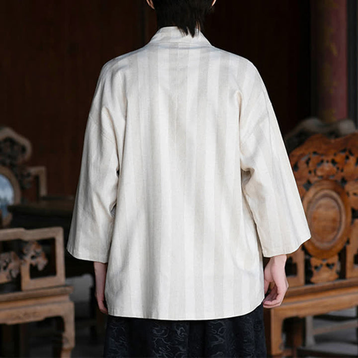Buddha Stones Kimono homme style Tang décontracté printemps-été, cordon de serrage, manches trois-quarts, en coton et lin uni, avec poche - image 4