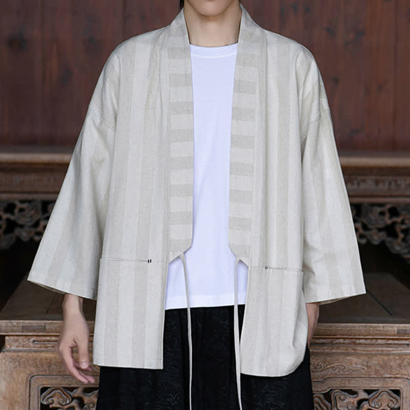 Buddha Stones Kimono homme style Tang décontracté printemps-été, cordon de serrage, manches trois-quarts, en coton et lin uni, avec poche - image 6