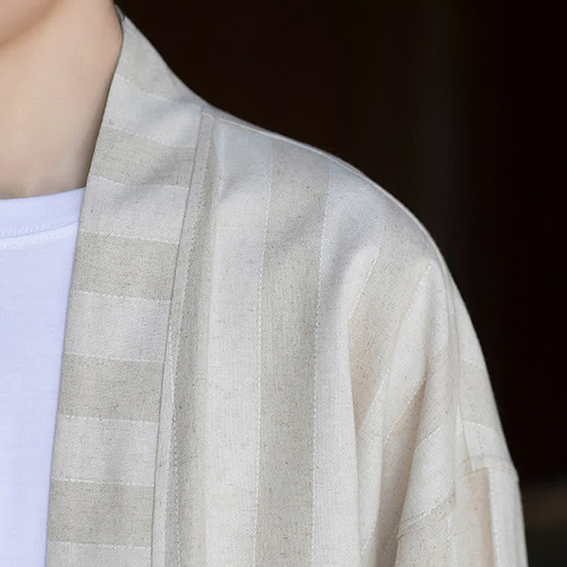 Buddha Stones Kimono homme style Tang décontracté printemps-été, cordon de serrage, manches trois-quarts, en coton et lin uni, avec poche - image 7