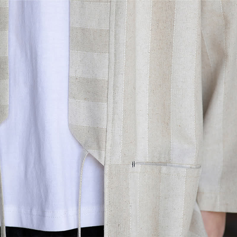Buddha Stones Kimono homme style Tang décontracté printemps-été, cordon de serrage, manches trois-quarts, en coton et lin uni, avec poche - image 8