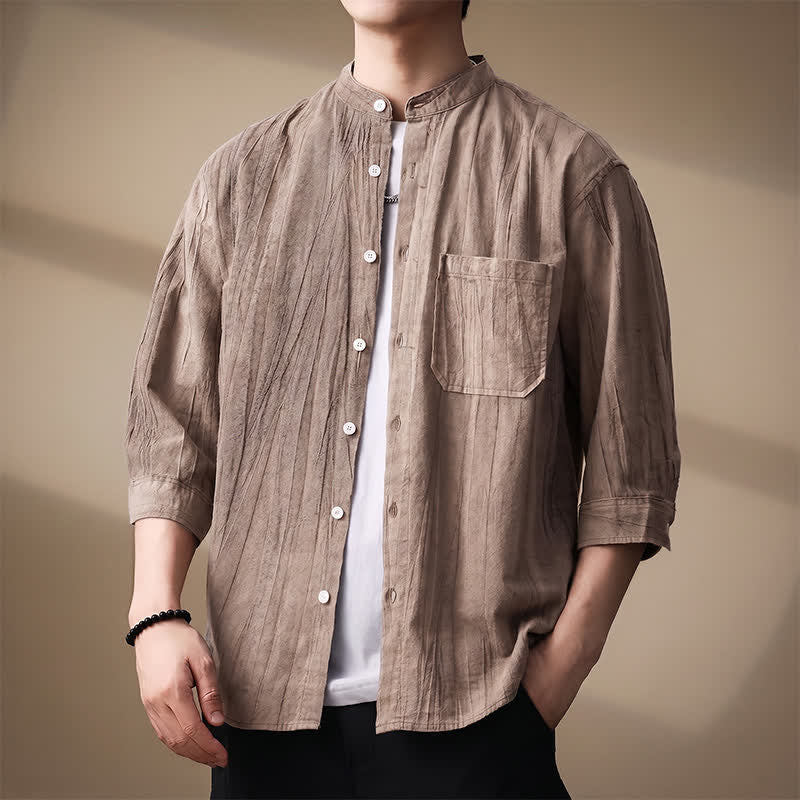 Buddha Stones Chemises homme printemps-été décontractées à col mandarin, manches longues, en coton uni, avec poche plaquée - image 1