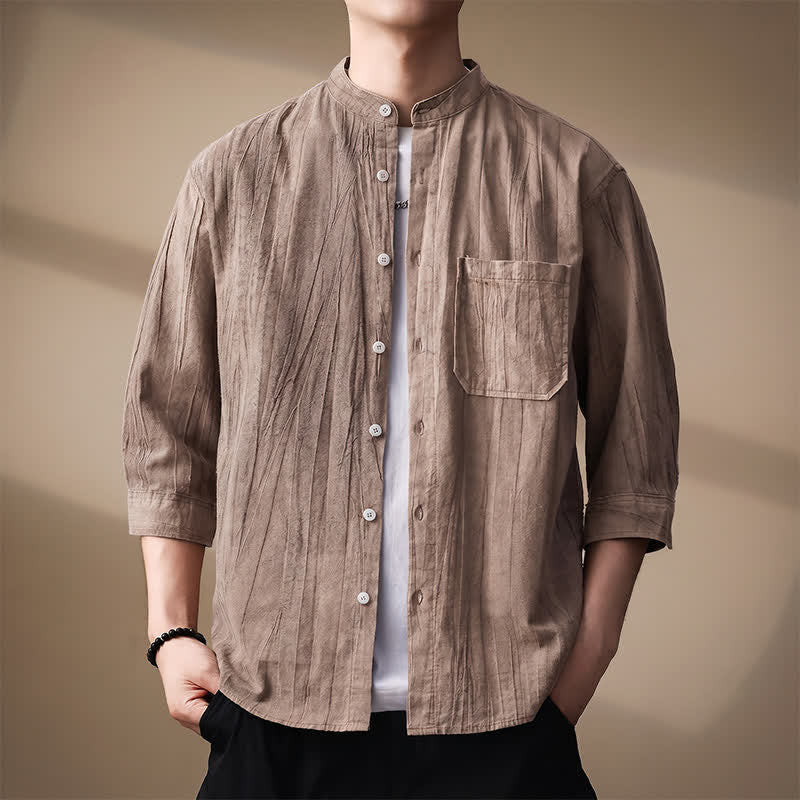 Buddha Stones Chemises homme printemps-été décontractées à col mandarin, manches longues, en coton uni, avec poche plaquée - Tanné - US/UK/AU44，EU54 (4XL) - image 0