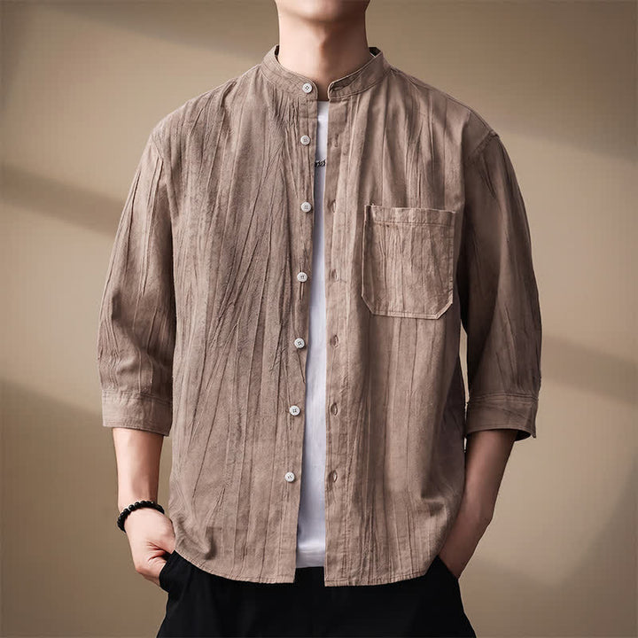 Buddha Stones Chemises homme printemps-été décontractées à col mandarin, manches longues, en coton uni, avec poche plaquée - Tanné - US/UK/AU44，EU54 (4XL) - image 0