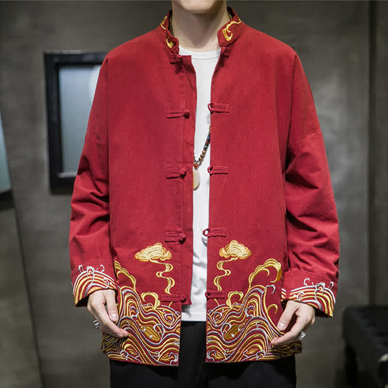 Buddha Stones Veste homme en coton style Tang automne-hiver vintage avec broderie de boutons grenouille et motif nuages - image 1