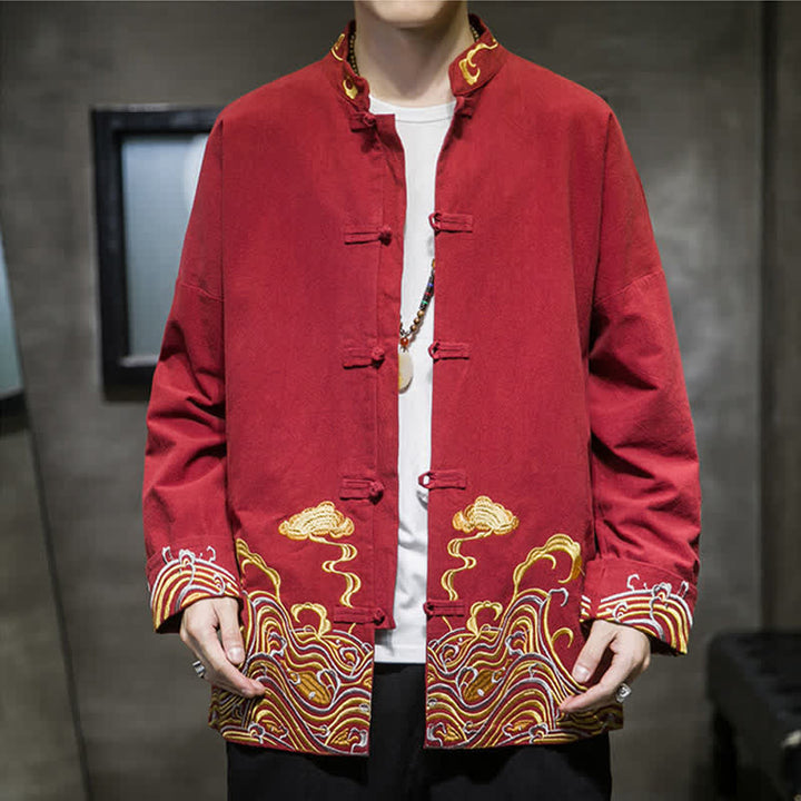 Buddha Stones Veste homme en coton style Tang automne-hiver vintage avec broderie de boutons grenouille et motif nuages - image 1