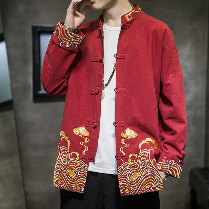 Buddha Stones Veste homme en coton style Tang automne-hiver vintage avec broderie de boutons grenouille et motif nuages - image 2