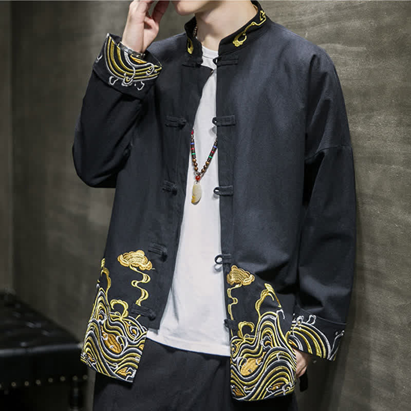 Buddha Stones Veste homme en coton style Tang automne-hiver vintage avec broderie de boutons grenouille et motif nuages - image 16
