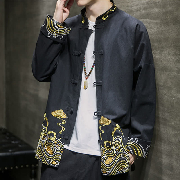 Buddha Stones Veste homme en coton style Tang automne-hiver vintage avec broderie de boutons grenouille et motif nuages - image 16