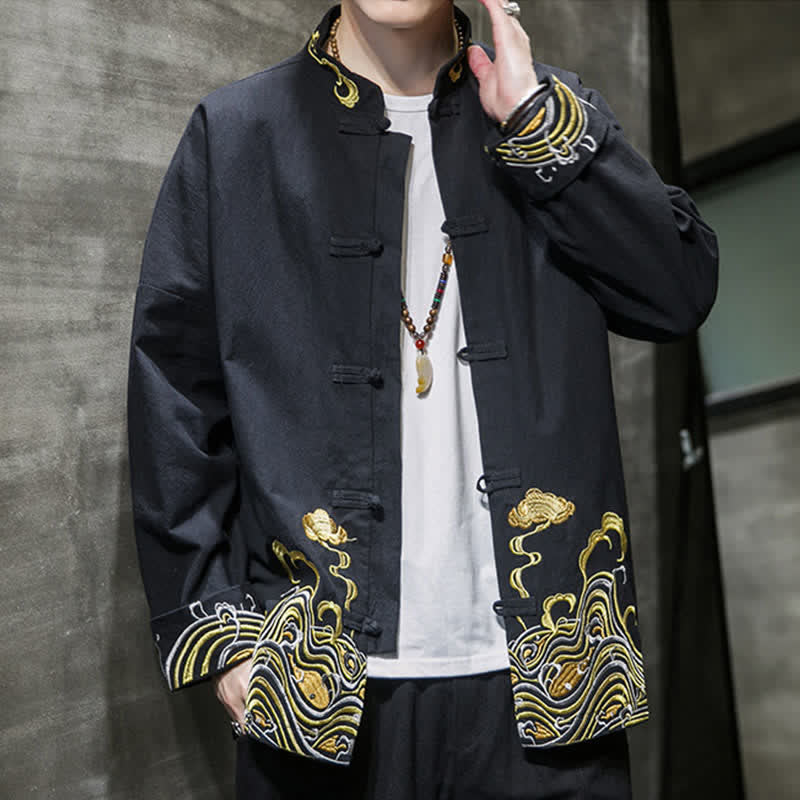 Buddha Stones Veste homme en coton style Tang automne-hiver vintage avec broderie de boutons grenouille et motif nuages - image 12