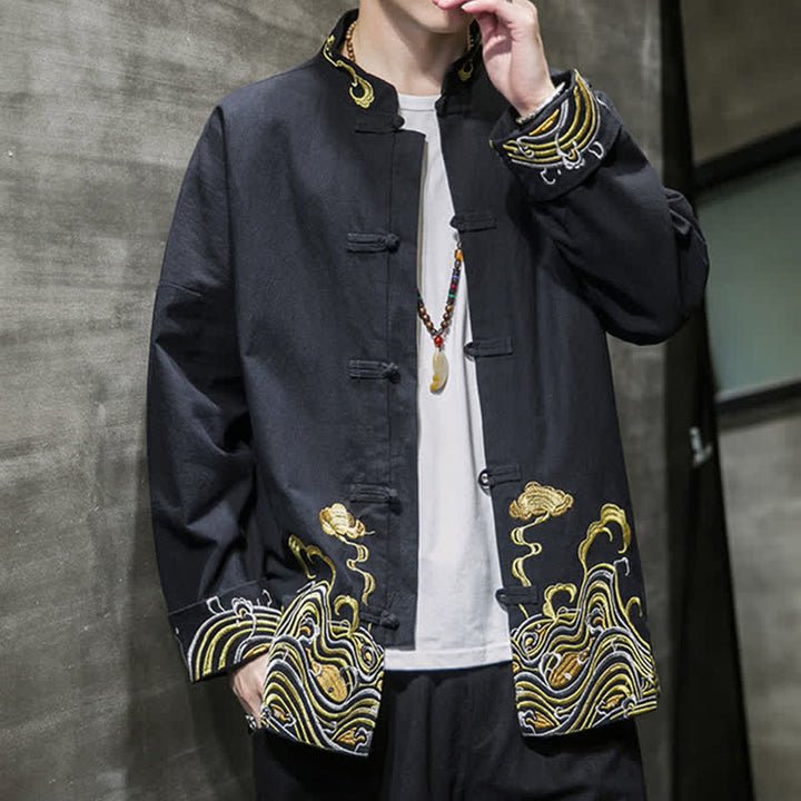 Buddha Stones Veste homme en coton style Tang automne-hiver vintage avec broderie de boutons grenouille et motif nuages - image 14