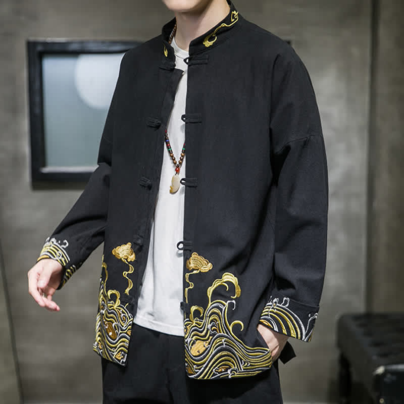 Buddha Stones Veste homme en coton style Tang automne-hiver vintage avec broderie de boutons grenouille et motif nuages - image 17