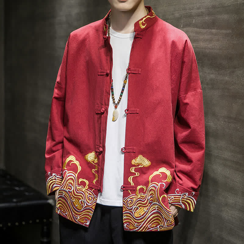 Buddha Stones Veste homme en coton style Tang automne-hiver vintage avec broderie de boutons grenouille et motif nuages - image 8
