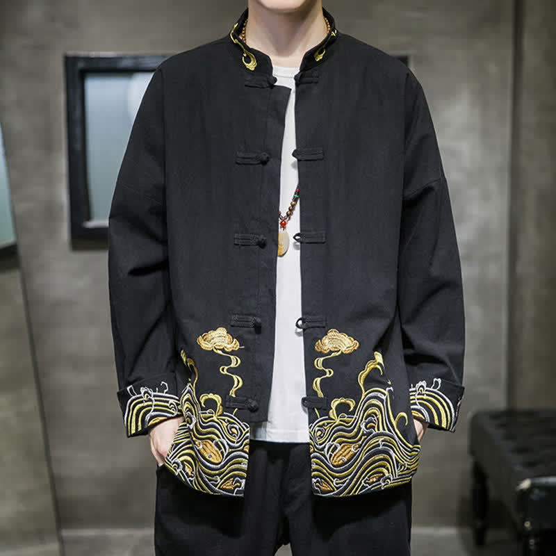 Buddha Stones Veste homme en coton style Tang automne-hiver vintage avec broderie de boutons grenouille et motif nuages - image 11