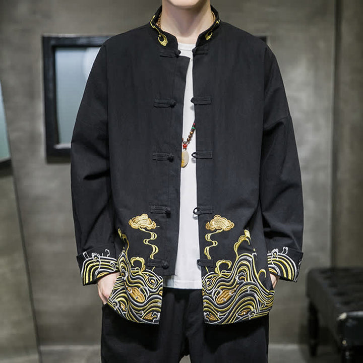 Buddha Stones Veste homme en coton style Tang automne-hiver vintage avec broderie de boutons grenouille et motif nuages - image 11
