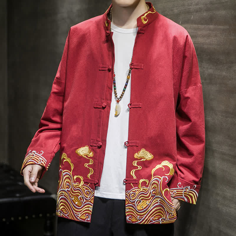Buddha Stones Veste homme en coton style Tang automne-hiver vintage avec broderie de boutons grenouille et motif nuages - image 7