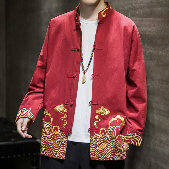 Buddha Stones Veste homme en coton style Tang automne-hiver vintage avec broderie de boutons grenouille et motif nuages - image 7