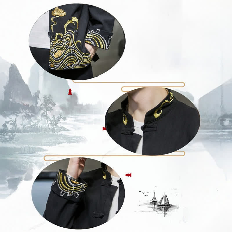 Buddha Stones Veste homme en coton style Tang automne-hiver vintage avec broderie de boutons grenouille et motif nuages - image 20