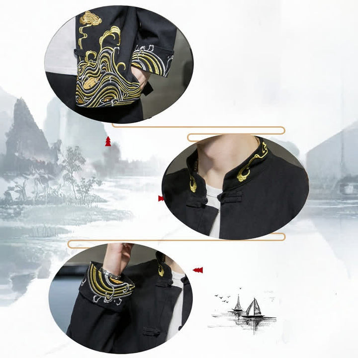 Buddha Stones Veste homme en coton style Tang automne-hiver vintage avec broderie de boutons grenouille et motif nuages - image 20
