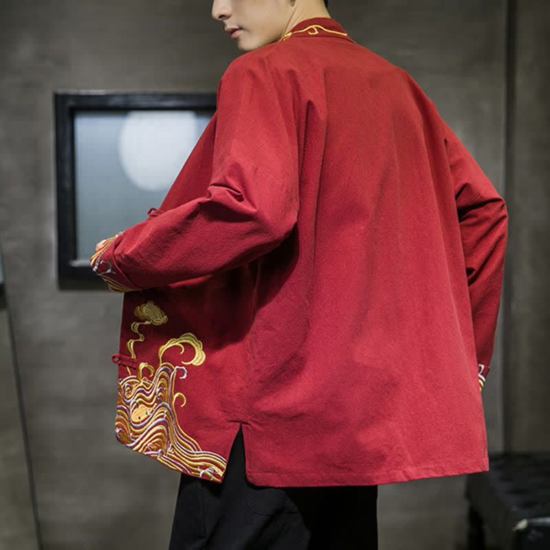 Buddha Stones Veste homme en coton style Tang automne-hiver vintage avec broderie de boutons grenouille et motif nuages - image 3
