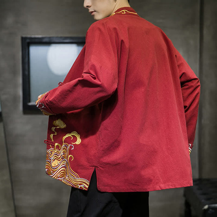 Buddha Stones Veste homme en coton style Tang automne-hiver vintage avec broderie de boutons grenouille et motif nuages - image 3