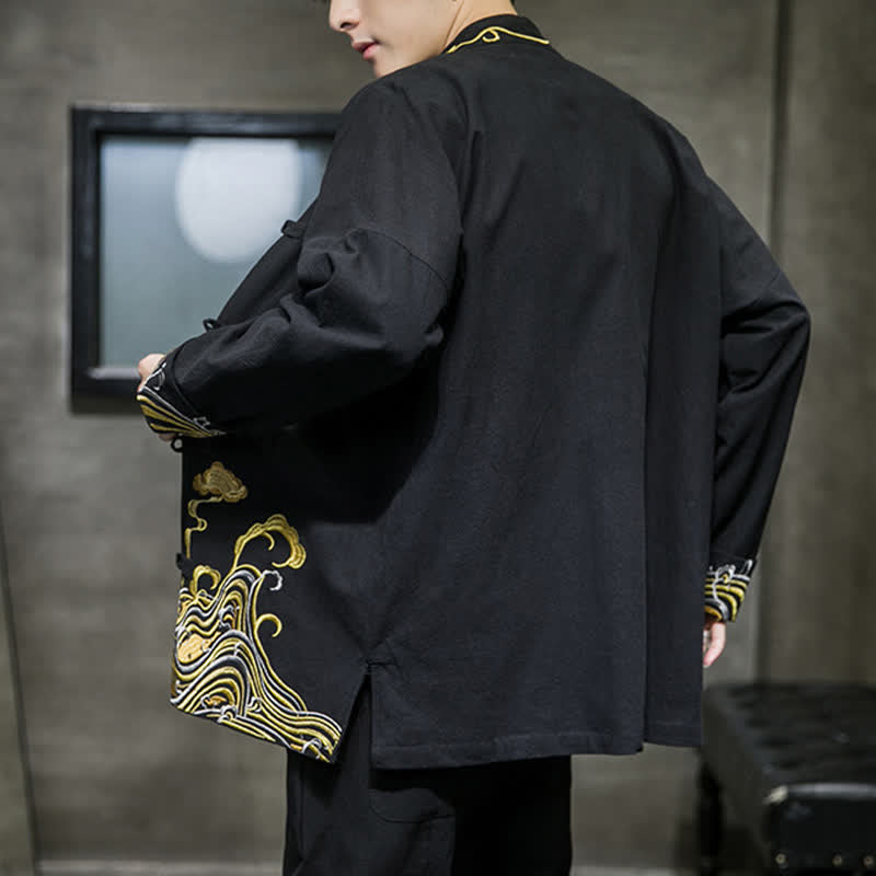 Buddha Stones Veste homme en coton style Tang automne-hiver vintage avec broderie de boutons grenouille et motif nuages - image 13