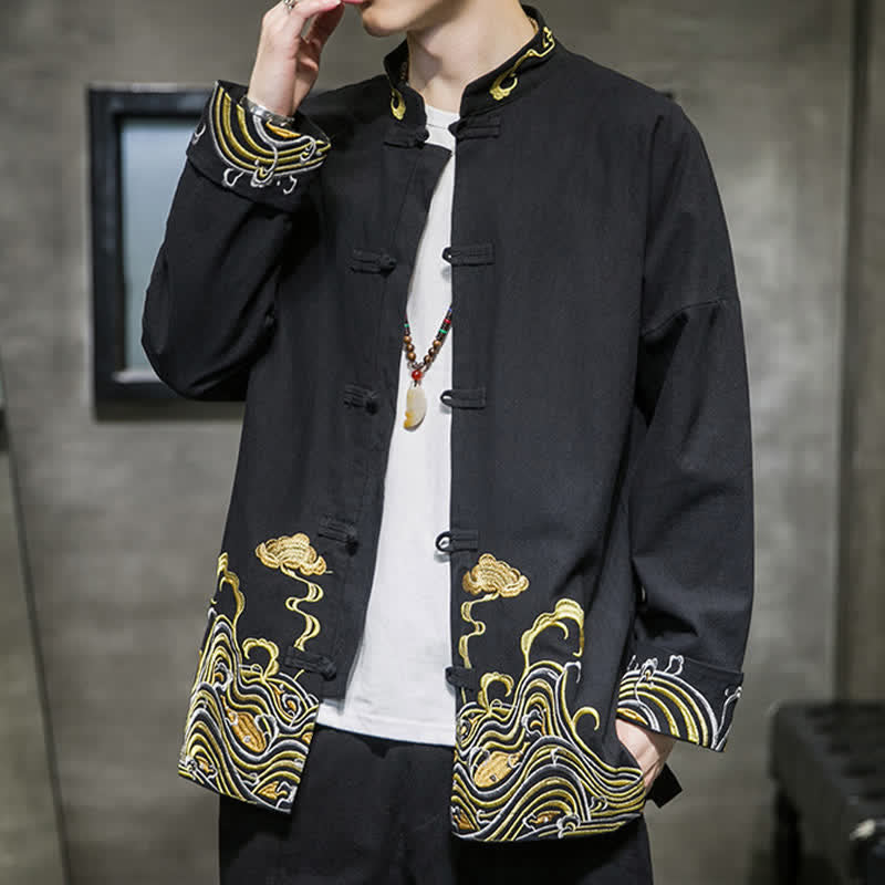 Buddha Stones Veste homme en coton style Tang automne-hiver vintage avec broderie de boutons grenouille et motif nuages - image 15