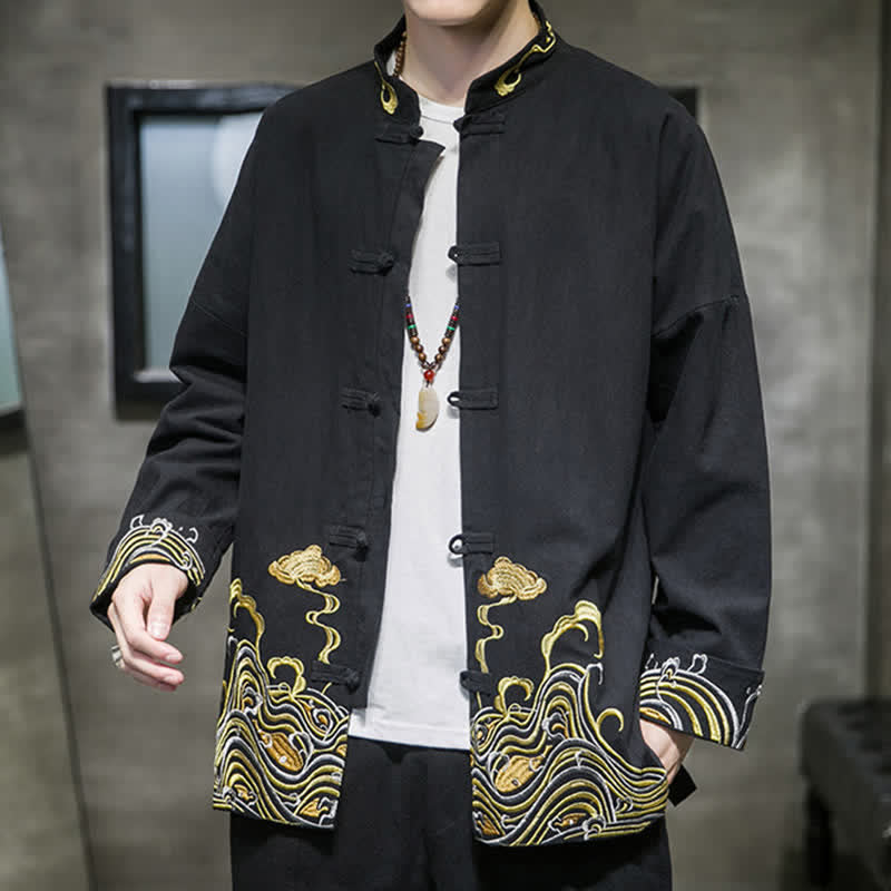 Buddha Stones Veste homme en coton style Tang automne-hiver vintage avec broderie de boutons grenouille et motif nuages - image 18