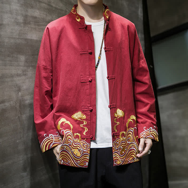 Buddha Stones Veste homme en coton style Tang automne-hiver vintage avec broderie de boutons grenouille et motif nuages - image 6