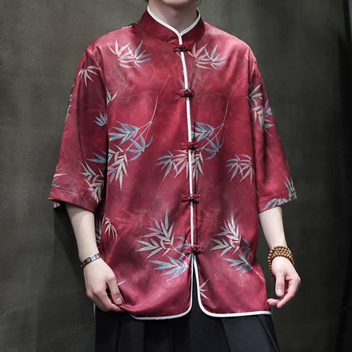 Buddha Stones Chemises homme printemps-été vintage style Tang, col mandarin, imprimé bambou, manches 3/4 - image 1