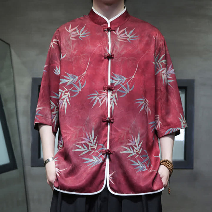 Buddha Stones Chemises homme printemps-été vintage style Tang, col mandarin, imprimé bambou, manches 3/4 - image 2